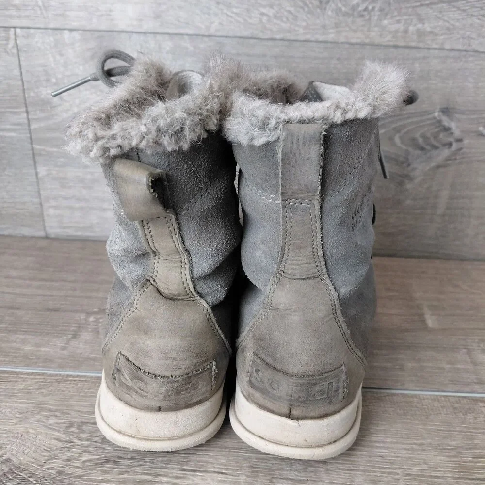 Sorel Explorer Joan Boots Women 10 Gray Suede Leather Winter Waterproof Faux Fur - Picture 6 of 10